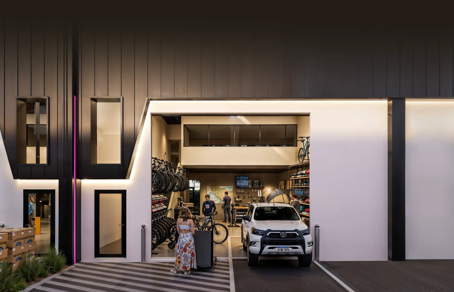 Inside a Pivot industrial unit — bike workshop with mezzanine office