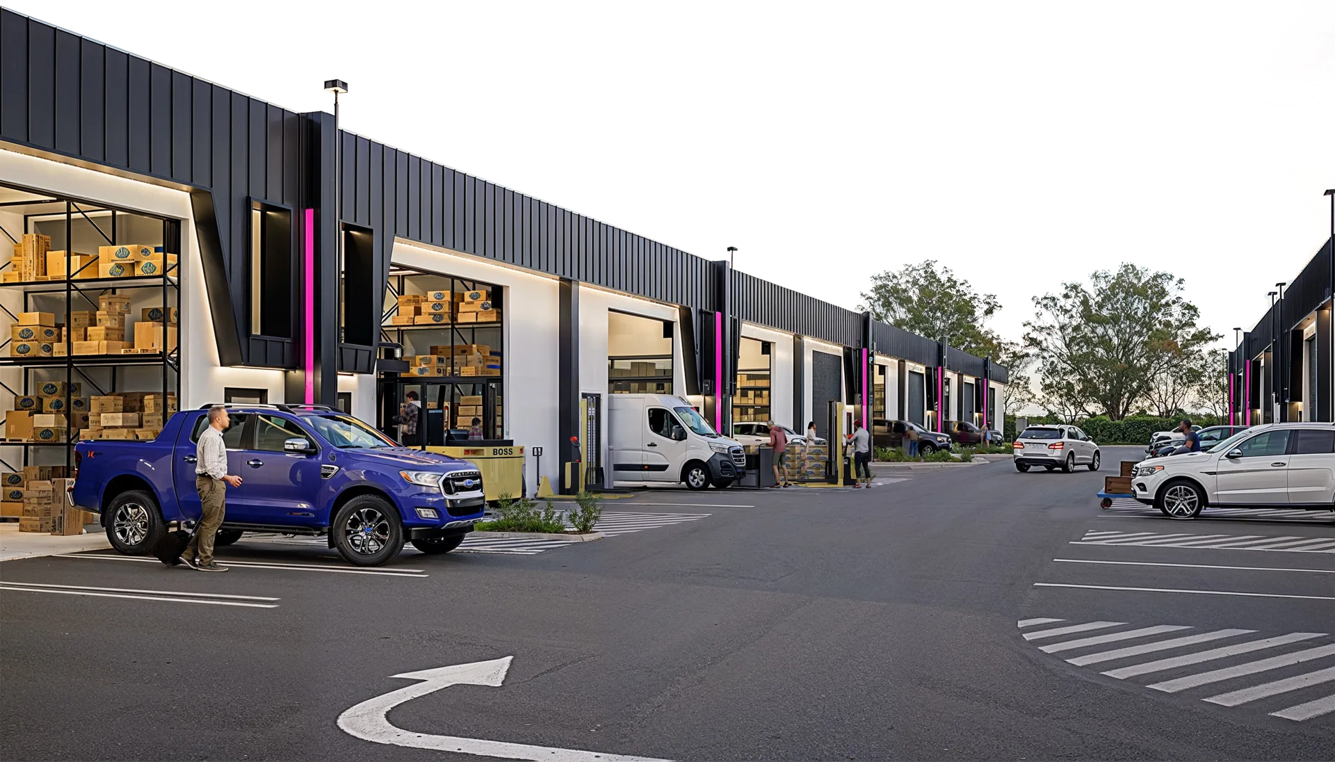 Street through the Pivot Yatala estate at dusk, cars parked outside the units