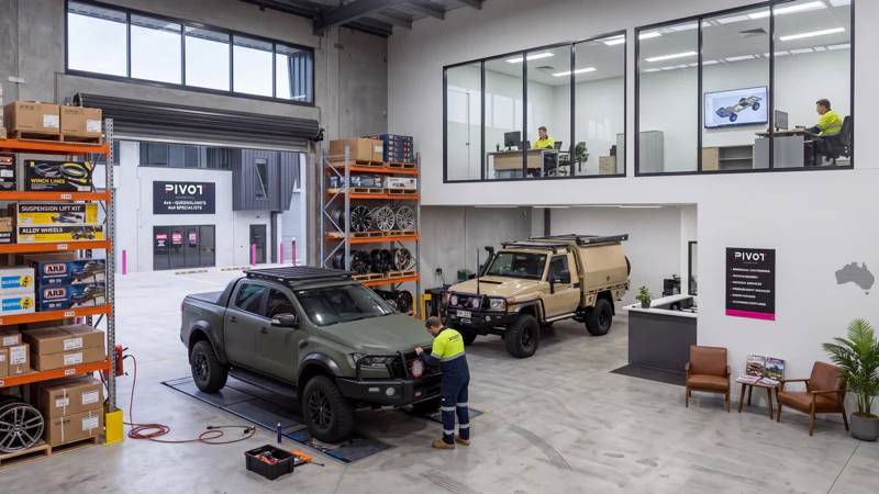 Workshop interior with a mezzanine office above