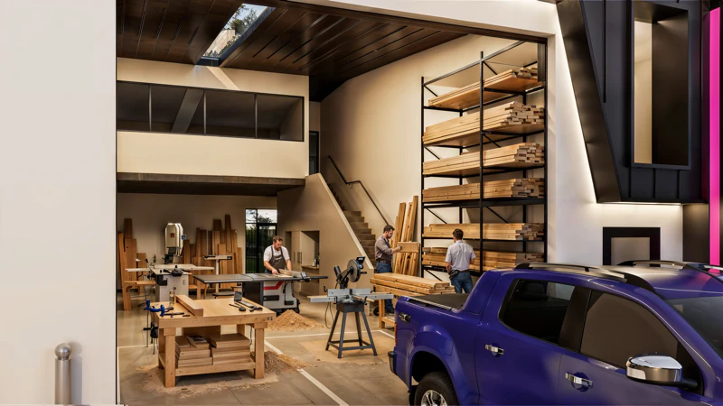 Spacious workshop interior with mezzanine storage and a ute parked inside