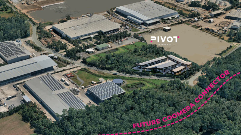 Aerial view of the Pivot estate beside the future Coomera Connector