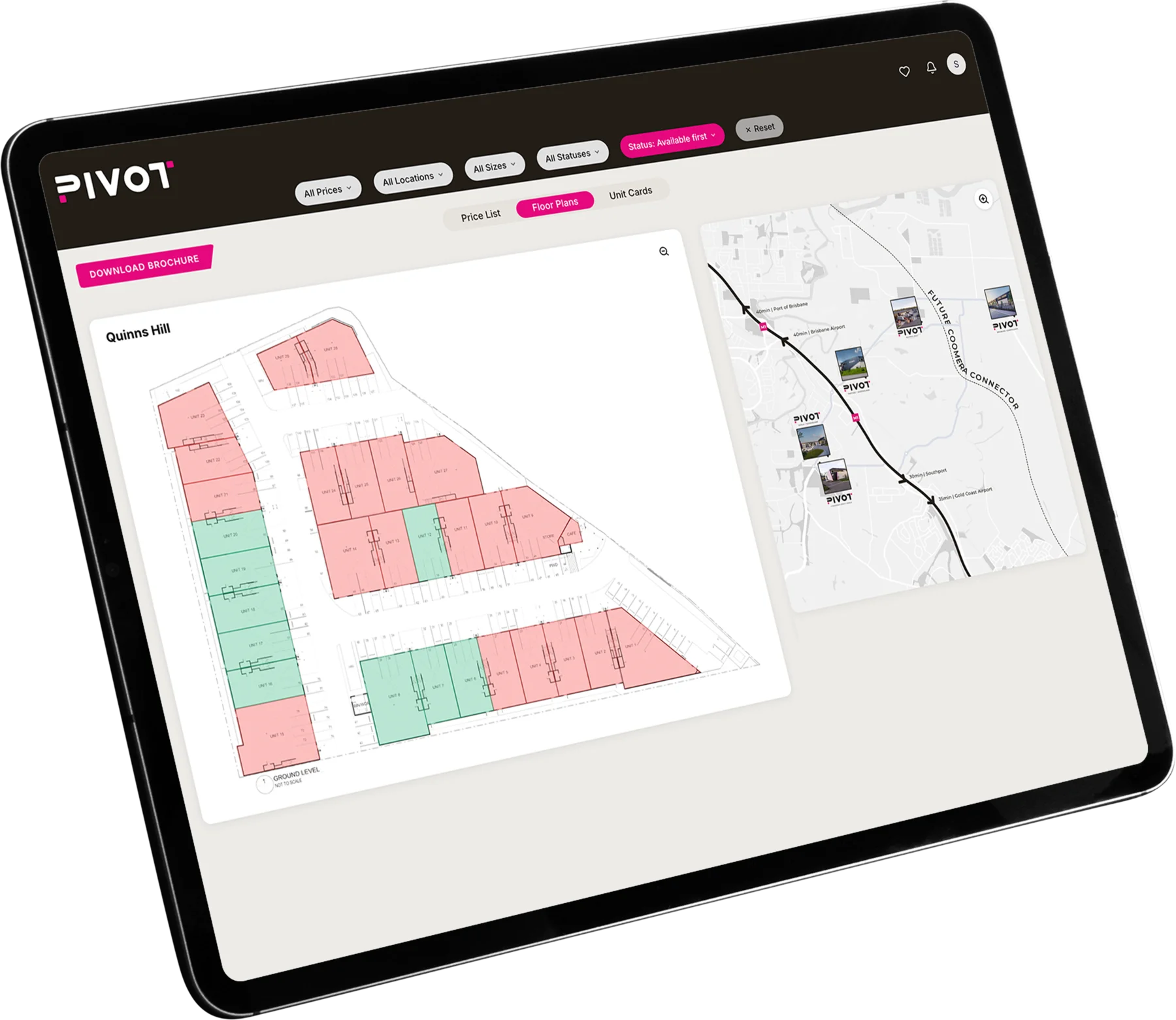 Markt, Pivot's online sales platform, on a tablet — precinct plans and unit availability