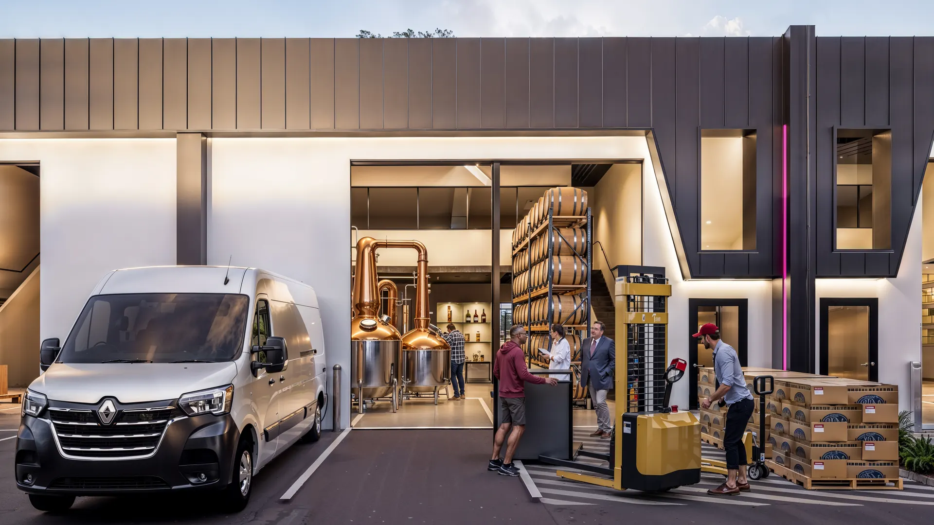 Tenants loading stock outside a Pivot warehouse unit at dusk